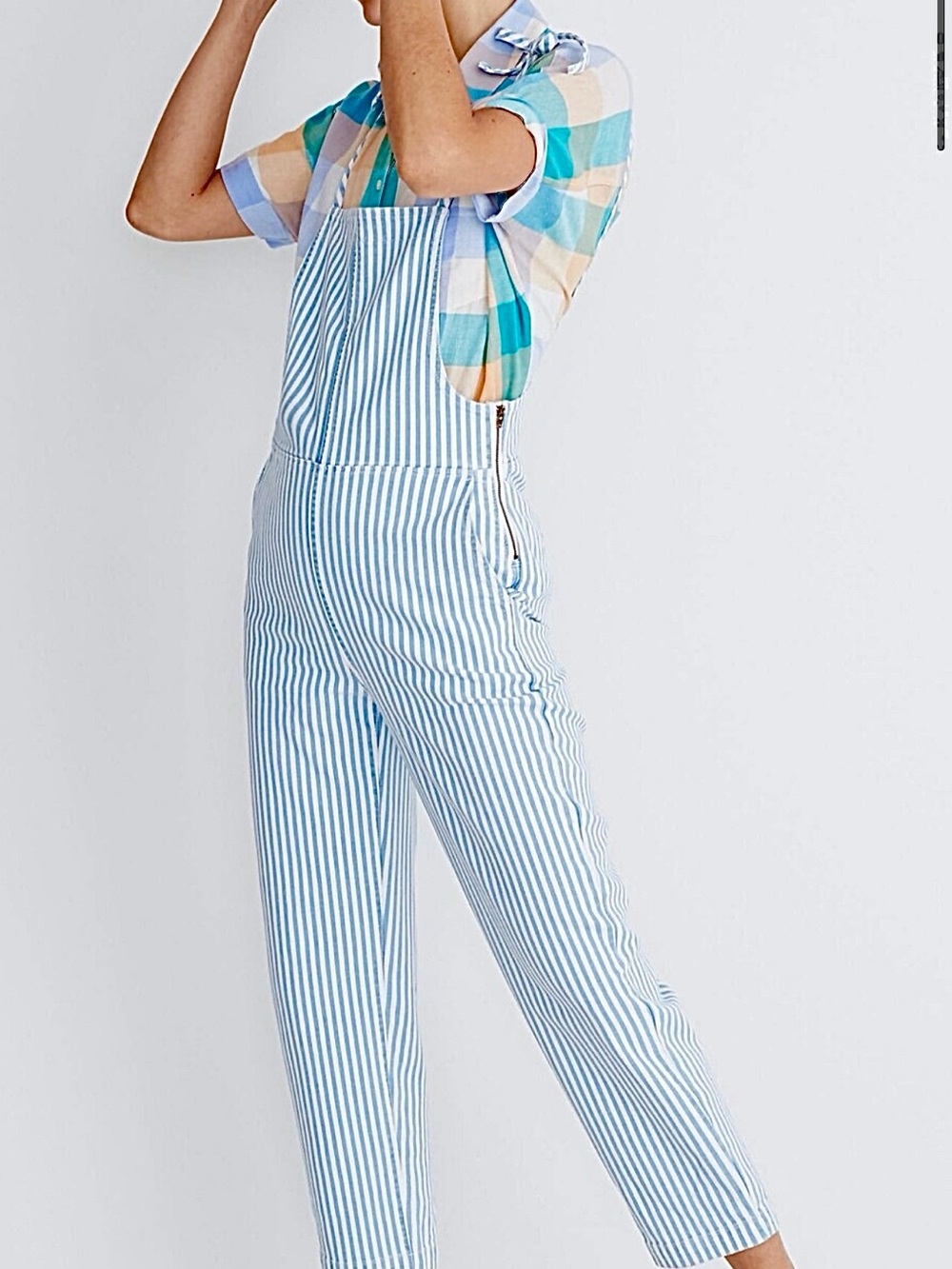 NEW XS Madewell Tie-Strap Overalls Railroad Stripe Light Blue Jumpsuit Denim NWT - Picture 2 of 6
